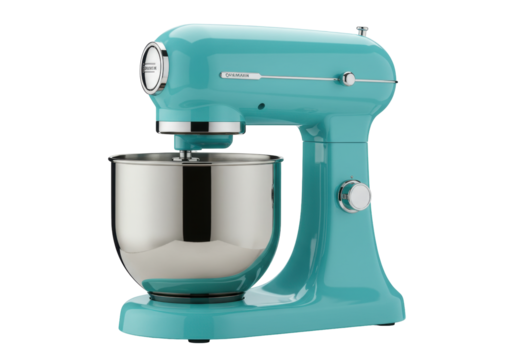 Isolated, turquoise stand mixer on a seamless background, professional kitchen appliance