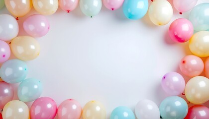 Vibrant pastel balloons elegantly border a clean white background, providing a cheerful and spacious area perfect for custom messages, event announcements, or festive graphic designs