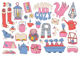 Whimsical drawing showcasing cozy objects socks teapot cat candle scarf books  gardening items in soft pastel colors. Vector illustration