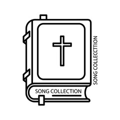 Book icon with cross and song collection text, religious, isolated on