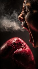 Boxer screaming with steam and boxing glove