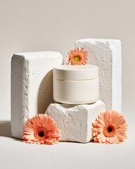 Skincare cream jar displaying on stone podium with gerbera flowers