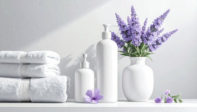 Lavender & white spa setup with towels and bottles