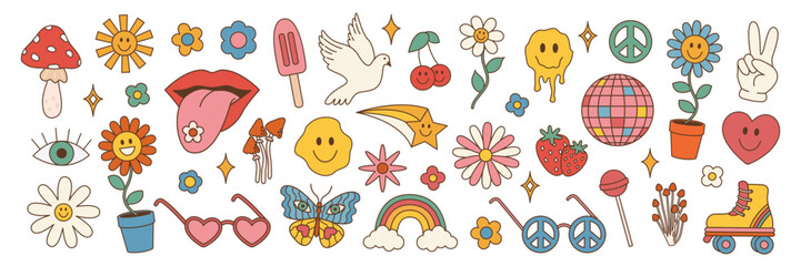 Retro sticker collection Mushrooms flowers lips peace signs  other 70s inspired designs on white. Vector illustration