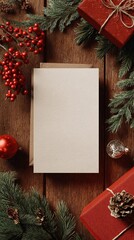 Blank christmas card mockup with holiday gifts and fir branches