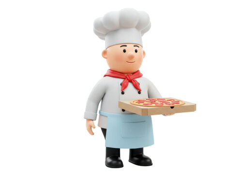 Isolated chef carrying pizza on cardboard box. Male cartoon character profession cook