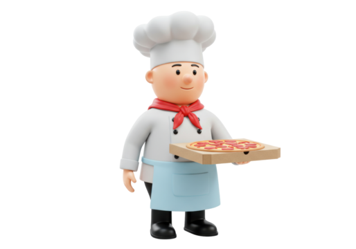Isolated chef carrying pizza on cardboard box. Male cartoon character profession cook