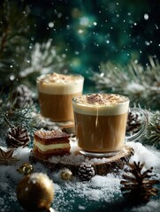 Christmas winter holiday coffee with cake and pinecones
