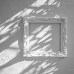 Empty ornate frame casting shadow on white wall
