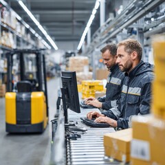 Warehouse workers managing logistics and inventory on computers