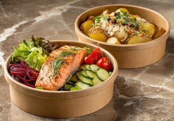 Healthy salmon meal with fresh vegetables in bowls