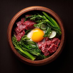 Raw beef egg rice bowl with fresh greens