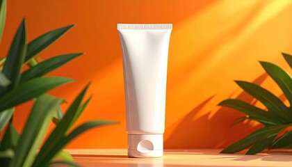 White tube on orange background with green plants