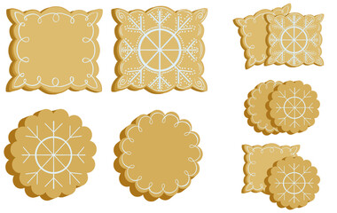 A set of gingerbread cookies decorated with snowflakes made of glaze