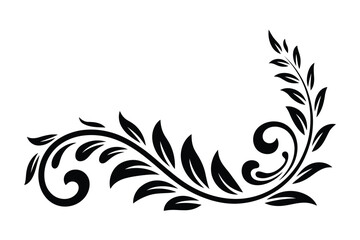 Black swirling vine with leaves decorative flourish on white background leaf