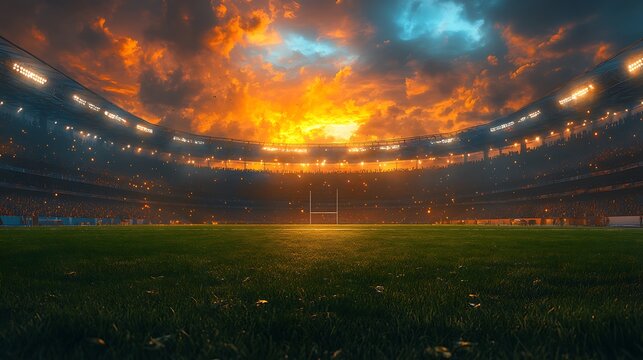 Dramatic Sunset Over Empty American Football Stadium with Goalposts sports arena photo