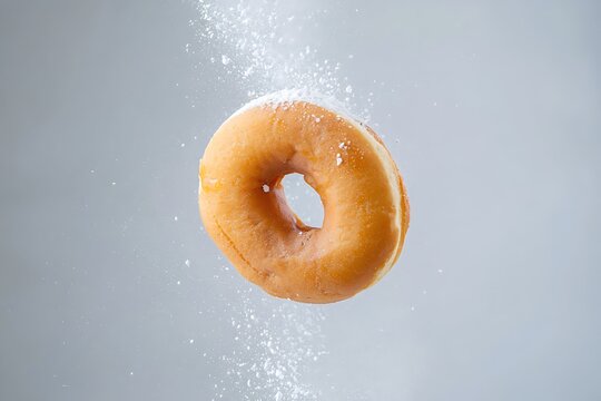 Close up of a plain donut falling into clear water with bubbles