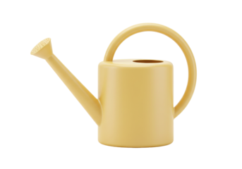 Isolated watering can in light yellow color stands on a surface ready for watering plants