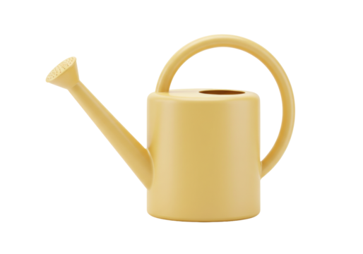 Isolated watering can in light yellow color stands on a surface ready for watering plants