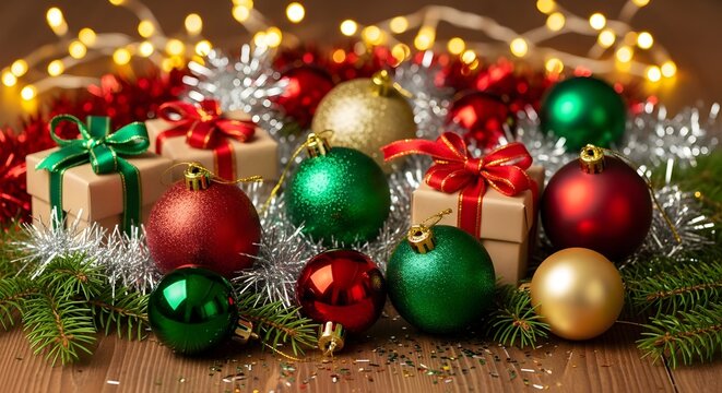 Festive christmas ornaments and gifts: red, green, gold decorations on wood for holiday celebration advertising