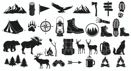 Collection of outdoor adventure and wilderness icons for camping and hiking © Sakib