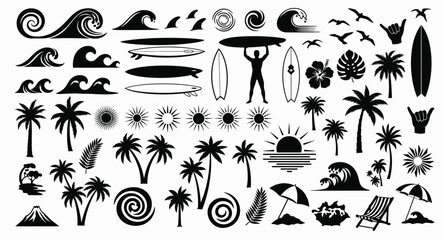 Tropical beach and surfing elements silhouette collection for summer designs © Sakib
