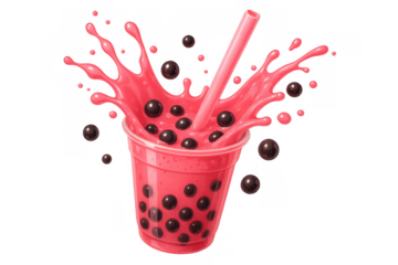 Pink bubble tea drink splashing fluid and tapioca pearls, refreshing boba beverage on transparent background
