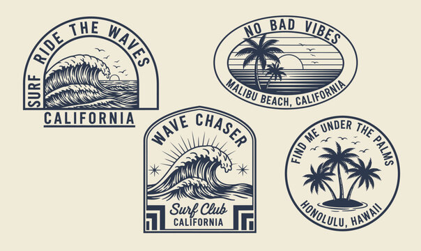 Vintage surf club badges featuring ocean waves and palm trees with retro typography