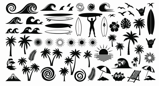 Tropical beach and surfing elements silhouette collection for summer designs