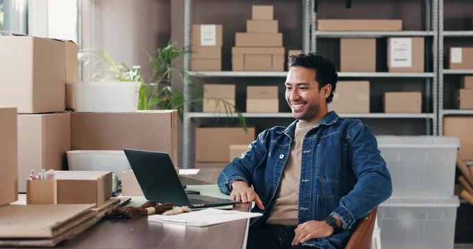 Small business, happy man or reading with laptop, positive internet reviews or customer feedback. Ecommerce, computer or entrepreneur with site check for online rating, buyer approval or supply chain