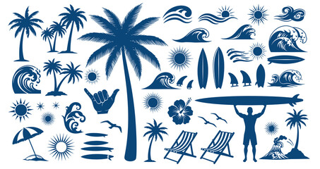 Tropical beach paradise collection of silhouetted palm trees waves surfboards and beach accessories © Sakib