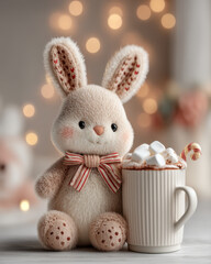 Christmas bunny with candy cane bowtie beside hot cocoa and marshmallows