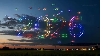Colorful drone light sculpture forms 2026 number across twilight sky above an open field