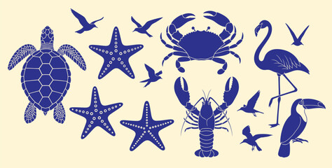 Collection of blue marine life and tropical birds silhouettes on a cream background © Sakib