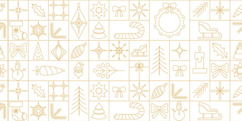 Elegant geometric Christmas and New Year seamless pattern in modern line style featuring minimalist gold icons. Luxurious festive background ideal for banners, cards, covers, and posters.