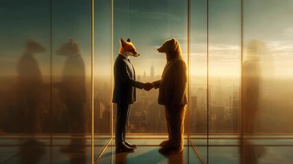 An Unlikely Alliance: A Fox and a Bear Shake Hands in a Modern Skyscraper, Capturing the Essence of Friendship and Cooperation Amidst a Stunning Urban Backdrop