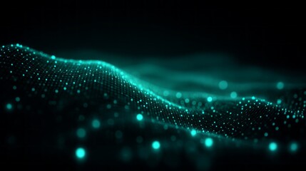 Flowing particles form an enchanting wave across a dark backdrop, blending hues of teal and black. This visual marvel evokes a sense of motion and depth, captivating the viewer's imagination