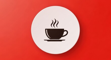 Minimalist coffee cup icon on a white plate over vibrant red background