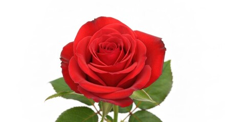 Fototapeta premium A vibrant, solitary red rose blossom with green leaves against a white backdrop