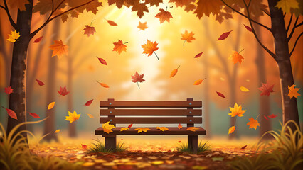 Autumn park bench with falling leaves and warm sunlight
