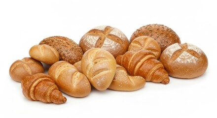 Assorted freshly baked breads and rolls piled on a white surface, light shining