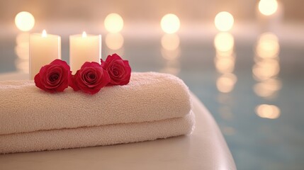 Set against a tranquil backdrop, this candlelight dinner features delicate roses and soft lighting, creating an intimate atmosphere perfect for relaxation and romance in a spa setting