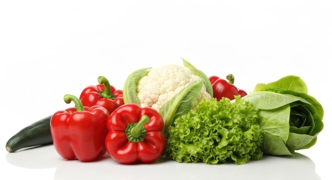 Assorted vegetables bell peppers, lettuce, cauliflower, zucchini on white