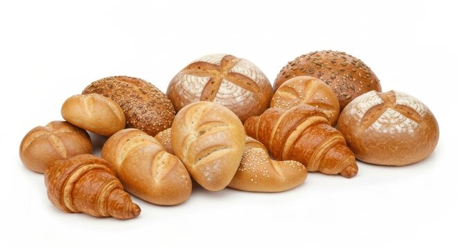 Assorted freshly baked breads and rolls piled on a white surface, light shining