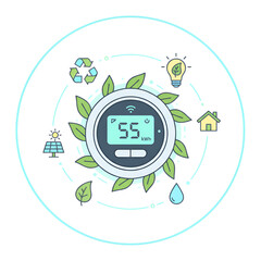 Smart thermostat vector illustration surrounded by green leaves and renewable energy icons promoting eco-friendly home automation