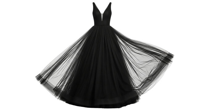 Elegant black tulle dress isolated on transparent background, perfect for special occasions
