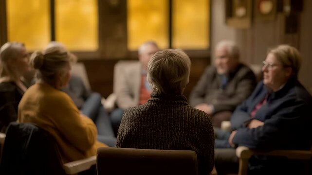 Group of Adults Sitting in a Circle During an Indoor Meeting Session with Warm Lighting and Soft Focus Creating a Calm Supportive Atmosphere