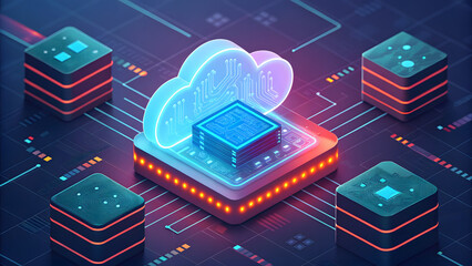 Cloud computing processor with glowing digital connections
