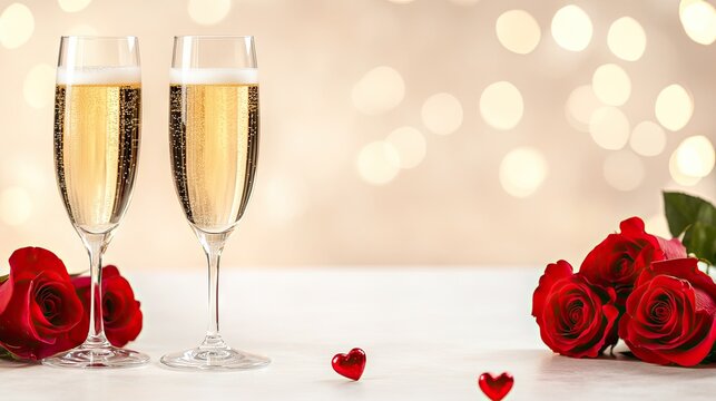 Two elegant glasses of champagne sit on a table adorned with red roses, creating a romantic atmosphere for couples celebrating love in a cozy restaurant setting