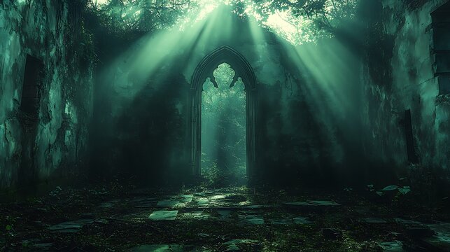 Eerie abandoned gothic ruin with sunbeams through doorway architecture photo - Powered by Adobe